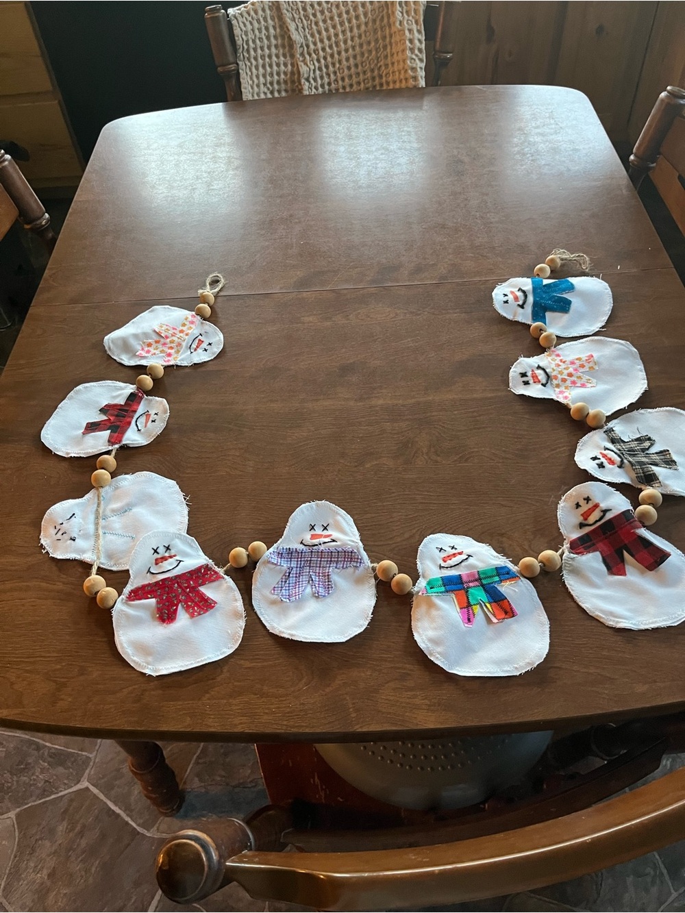 Handmade Snowman Garland - White Snowmen with Multicolor Scarves